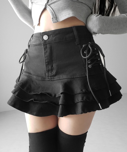 me+em select（ミームセレクト）の「【 インパン裏地付 】レースアップストレッチデニムフリルミニスカート ／ laceup stretch denim  frill mini skirt　※※（デニムスカート・レディース・ブラック/ホワイト/ブルー・SMALL/MEDIUM/LARGE）」の14枚目の写真