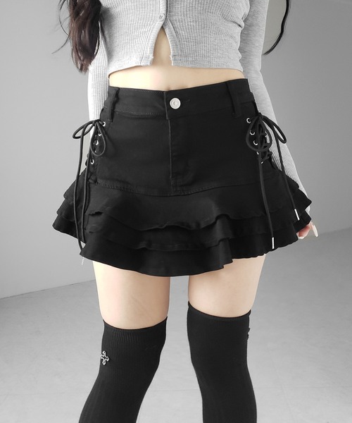 me+em select（ミームセレクト）の「【 インパン裏地付 】レースアップストレッチデニムフリルミニスカート ／ laceup stretch denim  frill mini skirt　※※（デニムスカート・レディース・ブラック/ホワイト/ブルー・SMALL/MEDIUM/LARGE）」の16枚目の写真