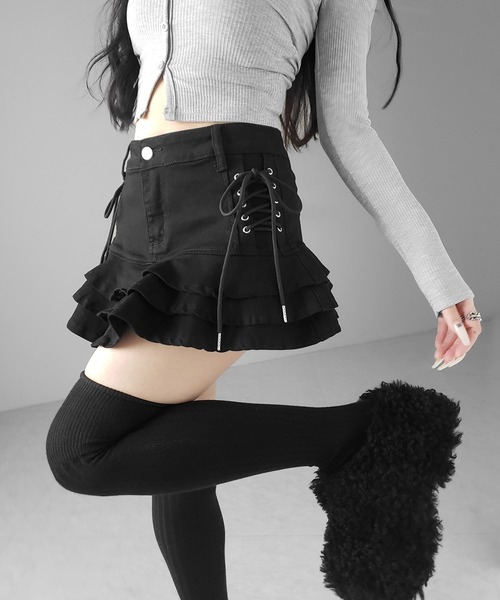 me+em select（ミームセレクト）の「【 インパン裏地付 】レースアップストレッチデニムフリルミニスカート ／ laceup stretch denim  frill mini skirt　※※（デニムスカート・レディース・ブラック/ホワイト/ブルー・SMALL/MEDIUM/LARGE）」の17枚目の写真