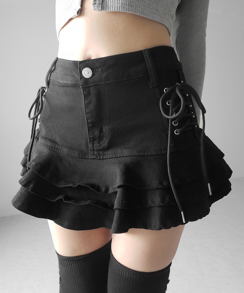 me+em select（ミームセレクト）の「【 インパン裏地付 】レースアップストレッチデニムフリルミニスカート ／ laceup stretch denim  frill mini skirt　※※（デニムスカート・レディース・ブラック/ホワイト/ブルー・SMALL/MEDIUM/LARGE）」の18枚目の写真