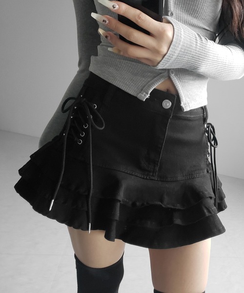 me+em select（ミームセレクト）の「【 インパン裏地付 】レースアップストレッチデニムフリルミニスカート ／ laceup stretch denim  frill mini skirt　※※（デニムスカート・レディース・ブラック/ホワイト/ブルー・SMALL/MEDIUM/LARGE）」の21枚目の写真