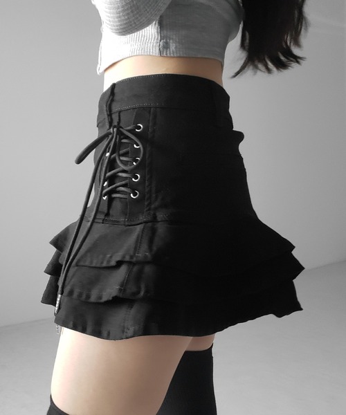 me+em select（ミームセレクト）の「【 インパン裏地付 】レースアップストレッチデニムフリルミニスカート ／ laceup stretch denim  frill mini skirt　※※（デニムスカート・レディース・ブラック/ホワイト/ブルー・SMALL/MEDIUM/LARGE）」の8枚目の写真