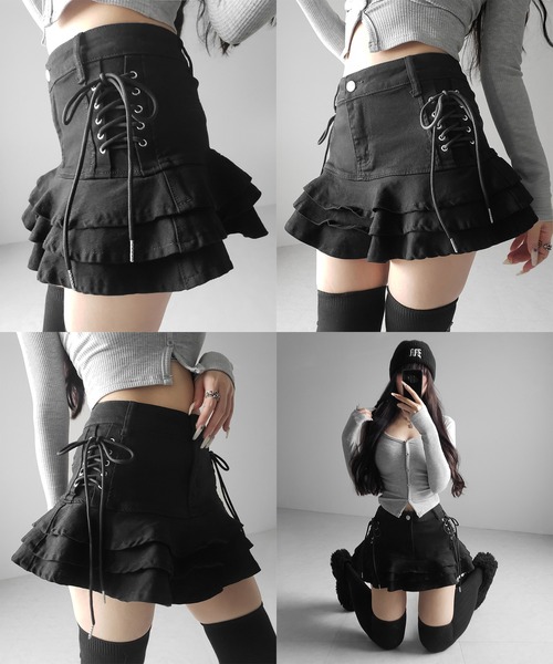 me+em select（ミームセレクト）の「【 インパン裏地付 】レースアップストレッチデニムフリルミニスカート ／ laceup stretch denim  frill mini skirt　※※（デニムスカート・レディース・ブラック/ホワイト/ブルー・SMALL/MEDIUM/LARGE）」の4枚目の写真