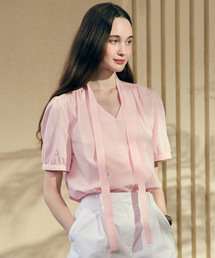 Tie Collar Shirring Half Sleeve Blouse - Pink