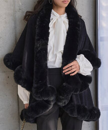 リアルファー　ケープコート ウール100% ｜ リアルフォックスファー付きケープコート ｜ レディース