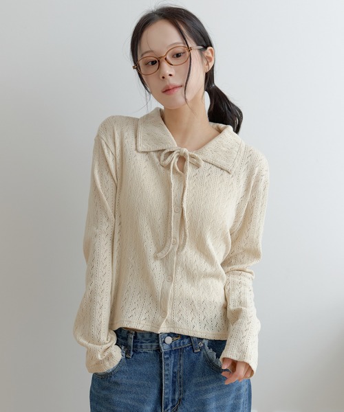 UNE MANSION（ユヌマンション）の「【2026SS新作アイテム】【UNE ORIGINAL】フラワーパターンラブリーリボンカラーボレロニットカーディガン（カーディガン/ボレロ・レディース・グレー/ブラック/ベージュ/レッド・FREE）」の3枚目の写真