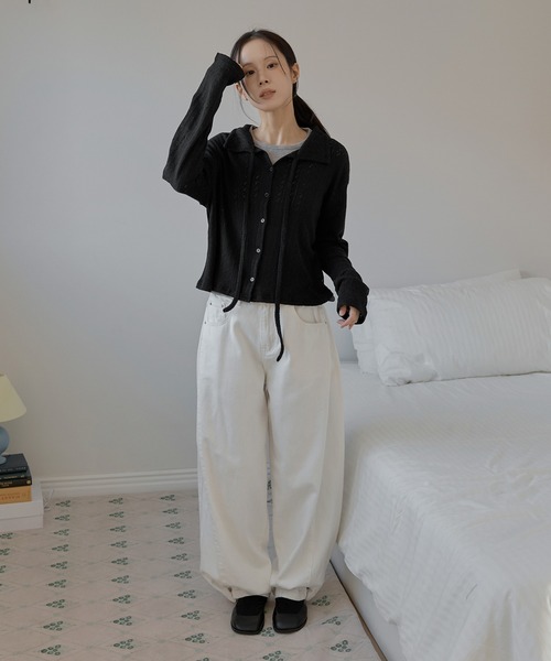 UNE MANSION（ユヌマンション）の「【2026SS新作アイテム】【UNE ORIGINAL】フラワーパターンラブリーリボンカラーボレロニットカーディガン（カーディガン/ボレロ・レディース・グレー/ブラック/ベージュ/レッド・FREE）」の6枚目の写真