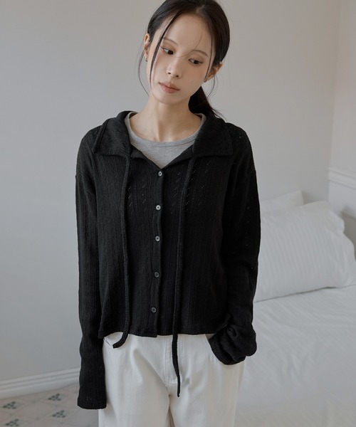 UNE MANSION（ユヌマンション）の「【2026SS新作アイテム】【UNE ORIGINAL】フラワーパターンラブリーリボンカラーボレロニットカーディガン（カーディガン/ボレロ・レディース・グレー/ブラック/ベージュ/レッド・FREE）」の7枚目の写真