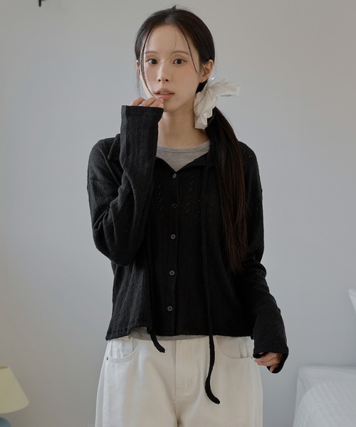 UNE MANSION（ユヌマンション）の「【2026SS新作アイテム】【UNE ORIGINAL】フラワーパターンラブリーリボンカラーボレロニットカーディガン（カーディガン/ボレロ・レディース・グレー/ブラック/ベージュ/レッド・FREE）」の11枚目の写真