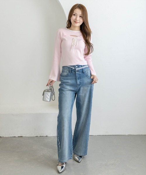 clear（クリア）の「サイドレースワイドデニムパンツ[カジュアル 着回し抜群 大人 ガーリー]≪新作≫（デニムパンツ・レディース・ライトブルー/ブルー・M/S/PS）」の6枚目の写真