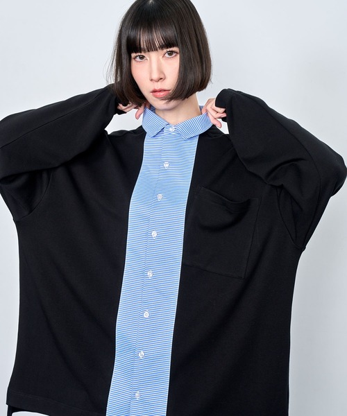Nora Lily（ノラリリー）の「【Nora Lily】Stripe and Cut Sew Combination Shirt（シャツ/ブラウス・メンズ・ブラック/ネイビー/グレー・FREE）」の9枚目の写真