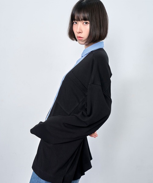 Nora Lily（ノラリリー）の「【Nora Lily】Stripe and Cut Sew Combination Shirt（シャツ/ブラウス・メンズ・ブラック/ネイビー/グレー・FREE）」の11枚目の写真