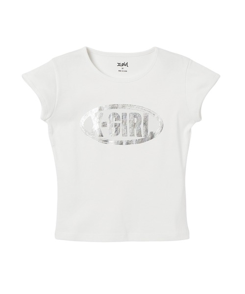 X-girl(エックスガール)の「OVAL LOGO CRACKED FOIL PRINT S/S BABY TEE(Tシャツ/カットソー・レディース・ブラック/オリーブ/ホワイト・S/M)」の2枚目の写真