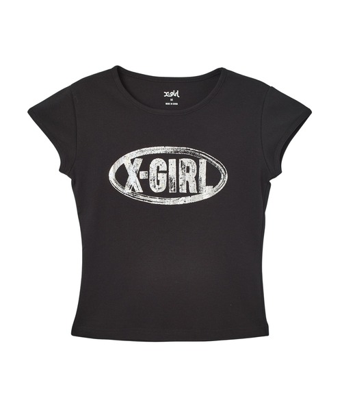 X-girl(エックスガール)の「OVAL LOGO CRACKED FOIL PRINT S/S BABY TEE(Tシャツ/カットソー・レディース・ブラック/オリーブ/ホワイト・S/M)」の3枚目の写真