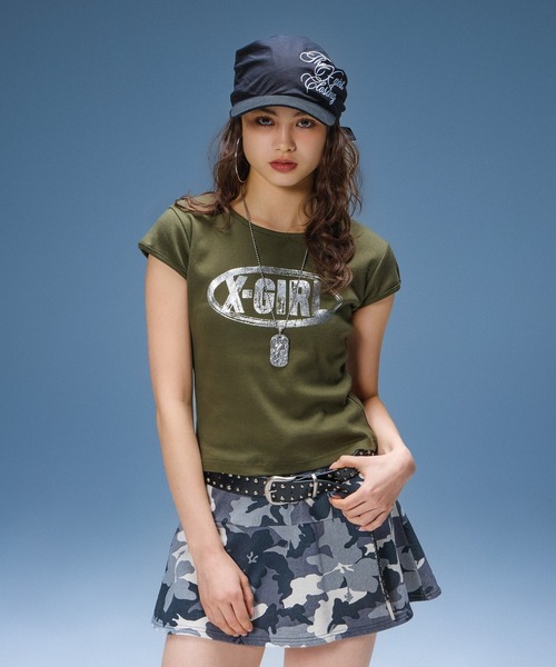 X-girl(エックスガール)の「OVAL LOGO CRACKED FOIL PRINT S/S BABY TEE(Tシャツ/カットソー・レディース・ブラック/オリーブ/ホワイト・S/M)」の5枚目の写真