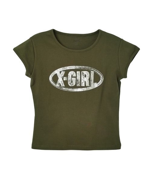 X-girl(エックスガール)の「OVAL LOGO CRACKED FOIL PRINT S/S BABY TEE(Tシャツ/カットソー・レディース・ブラック/オリーブ/ホワイト・S/M)」の7枚目の写真