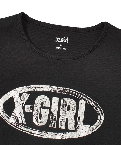 X-girl(エックスガール)の「OVAL LOGO CRACKED FOIL PRINT S/S BABY TEE(Tシャツ/カットソー・レディース・ブラック/オリーブ/ホワイト・S/M)」の9枚目の写真