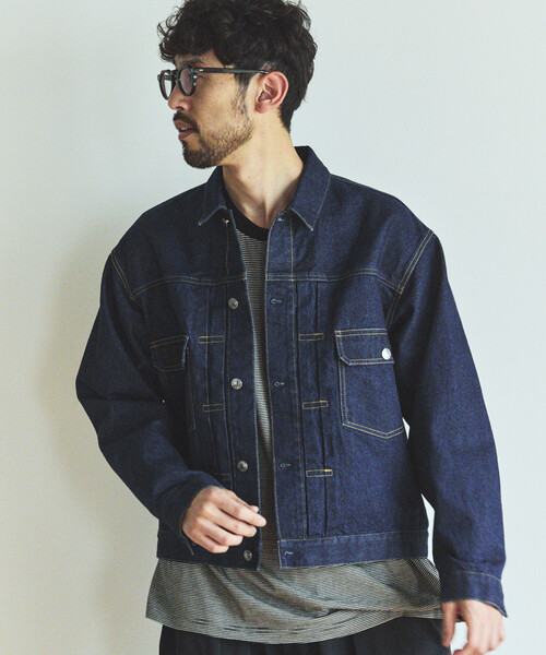 FREAK'S STORE（フリークスストア）の「ショート丈 リラックス デニムトラッカージャケット/Gジャン（デニムジャケット・メンズ・ネイビー/サックスブルー・LARGE/MEDIUM）」の2枚目の写真