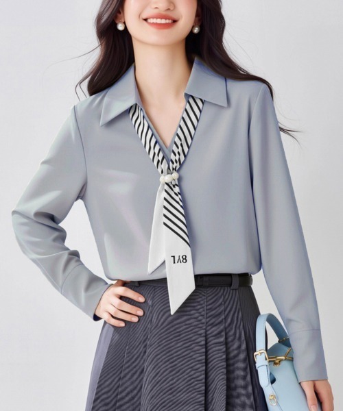 Miniministore(ミニミニストア)の「パール付きスカーフタイシャツブラウス上品(シャツ/ブラウス・レディース・ブルーグレー/ホワイト・L/M)」の2枚目の写真