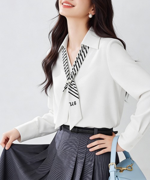 Miniministore(ミニミニストア)の「パール付きスカーフタイシャツブラウス上品(シャツ/ブラウス・レディース・ブルーグレー/ホワイト・L/M)」の4枚目の写真