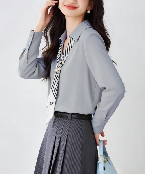 Miniministore(ミニミニストア)の「パール付きスカーフタイシャツブラウス上品(シャツ/ブラウス・レディース・ブルーグレー/ホワイト・L/M)」の8枚目の写真