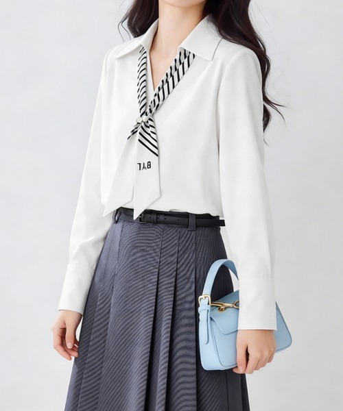 Miniministore(ミニミニストア)の「パール付きスカーフタイシャツブラウス上品(シャツ/ブラウス・レディース・ブルーグレー/ホワイト・L/M)」の13枚目の写真