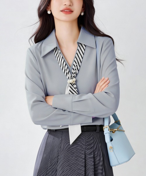Miniministore(ミニミニストア)の「パール付きスカーフタイシャツブラウス上品(シャツ/ブラウス・レディース・ブルーグレー/ホワイト・L/M)」の14枚目の写真