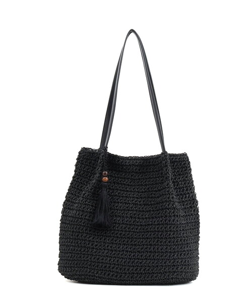 COOCO(クーコ)の「ウッドパーツタッセルペーパートートバッグ(かごバッグ・レディース・ブラック/イエロー/サックスブルー/グリーン/キャメル・FREE)」の6枚目の写真