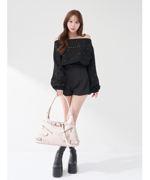 ♡ ダーリッチ Darich ♡ ウエストデザインビジューオフショルダートップス ウエストデザインビジューオフショルダートップス（スウェット