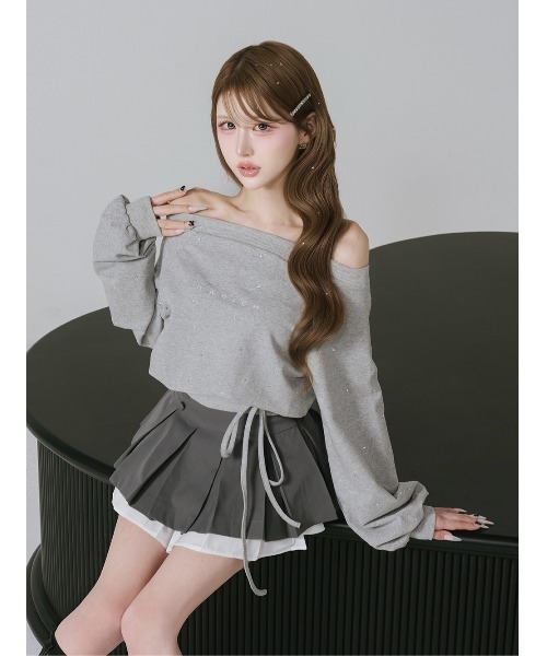 Darich ウエストデザインビジューオフショルダートップス グレー ダーリッチ darich ウエストデザインビジューオフショルダートップス