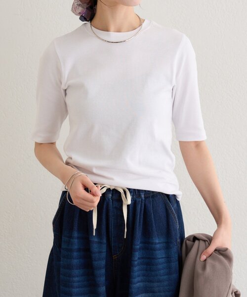 Omekashi(オメカシ)の「5分丈コンパクトフライスTシャツ(Tシャツ/カットソー・レディース・オフホワイト/ブラック・FREE)」の13枚目の写真