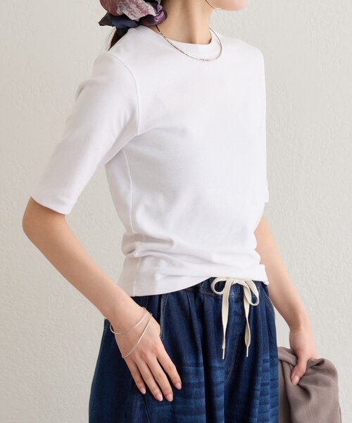 Omekashi(オメカシ)の「5分丈コンパクトフライスTシャツ(Tシャツ/カットソー・レディース・オフホワイト/ブラック・FREE)」の14枚目の写真