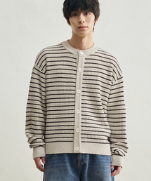 ローストライプクロップニットカーディガン[クリームベージュ]