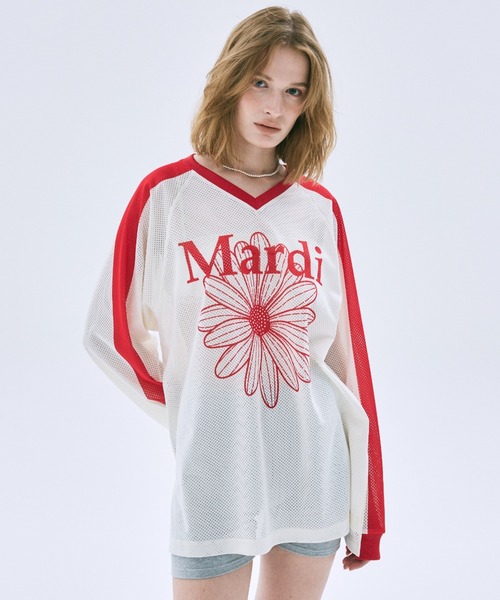 Mardi Mercredi(マルディメクルディ)の「MESH JERSEY TOP LONG SLEEVE FLOWERMARDI / メッシュ ジャージ トップス ロングスリーブ フラワーマルディ(ジャージ・レディース・ホワイト×ネイビー/アイボリー/ネイビー・FREE)」の3枚目の写真