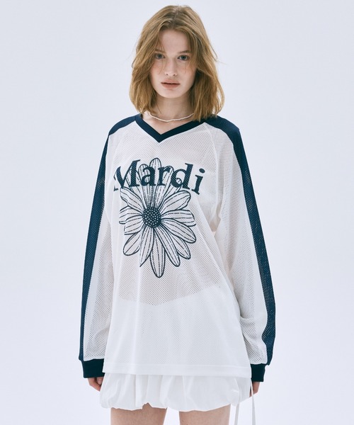 Mardi Mercredi(マルディメクルディ)の「MESH JERSEY TOP LONG SLEEVE FLOWERMARDI / メッシュ ジャージ トップス ロングスリーブ フラワーマルディ(ジャージ・レディース・ホワイト×ネイビー/アイボリー/ネイビー・FREE)」の2枚目の写真