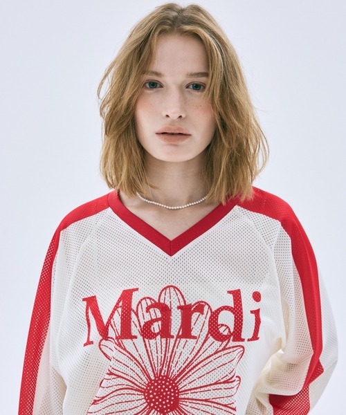 Mardi Mercredi(マルディメクルディ)の「MESH JERSEY TOP LONG SLEEVE FLOWERMARDI / メッシュ ジャージ トップス ロングスリーブ フラワーマルディ(ジャージ・レディース・ホワイト×ネイビー/アイボリー/ネイビー・FREE)」の8枚目の写真