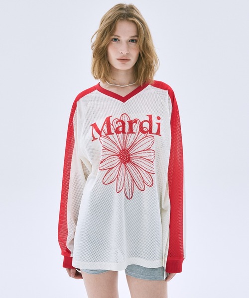 Mardi Mercredi(マルディメクルディ)の「MESH JERSEY TOP LONG SLEEVE FLOWERMARDI / メッシュ ジャージ トップス ロングスリーブ フラワーマルディ(ジャージ・レディース・ホワイト×ネイビー/アイボリー/ネイビー・FREE)」の9枚目の写真