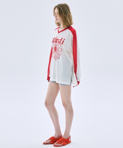 Mardi Mercredi(マルディメクルディ)の「MESH JERSEY TOP LONG SLEEVE FLOWERMARDI / メッシュ ジャージ トップス ロングスリーブ フラワーマルディ(ジャージ・レディース・ホワイト×ネイビー/アイボリー/ネイビー・FREE)」の10枚目の写真