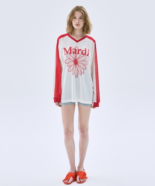 Mardi Mercredi(マルディメクルディ)の「MESH JERSEY TOP LONG SLEEVE FLOWERMARDI / メッシュ ジャージ トップス ロングスリーブ フラワーマルディ(ジャージ・レディース・ホワイト×ネイビー/アイボリー/ネイビー・FREE)」の11枚目の写真