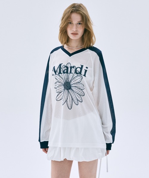 Mardi Mercredi(マルディメクルディ)の「MESH JERSEY TOP LONG SLEEVE FLOWERMARDI / メッシュ ジャージ トップス ロングスリーブ フラワーマルディ(ジャージ・レディース・ホワイト×ネイビー/アイボリー/ネイビー・FREE)」の5枚目の写真