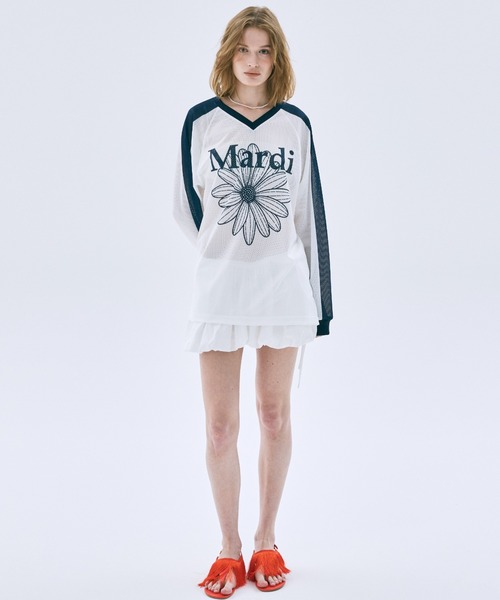 Mardi Mercredi(マルディメクルディ)の「MESH JERSEY TOP LONG SLEEVE FLOWERMARDI / メッシュ ジャージ トップス ロングスリーブ フラワーマルディ(ジャージ・レディース・ホワイト×ネイビー/アイボリー/ネイビー・FREE)」の7枚目の写真