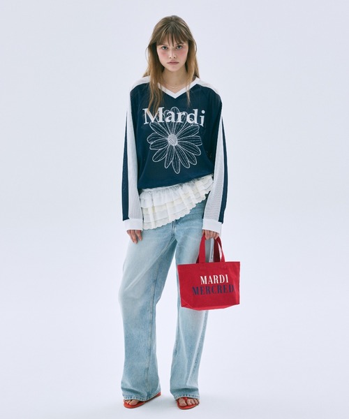 Mardi Mercredi(マルディメクルディ)の「MESH JERSEY TOP LONG SLEEVE FLOWERMARDI / メッシュ ジャージ トップス ロングスリーブ フラワーマルディ(ジャージ・レディース・ホワイト×ネイビー/アイボリー/ネイビー・FREE)」の14枚目の写真