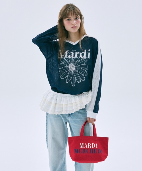 Mardi Mercredi(マルディメクルディ)の「MESH JERSEY TOP LONG SLEEVE FLOWERMARDI / メッシュ ジャージ トップス ロングスリーブ フラワーマルディ(ジャージ・レディース・ホワイト×ネイビー/アイボリー/ネイビー・FREE)」の13枚目の写真