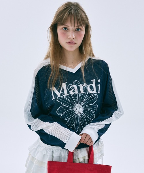 Mardi Mercredi(マルディメクルディ)の「MESH JERSEY TOP LONG SLEEVE FLOWERMARDI / メッシュ ジャージ トップス ロングスリーブ フラワーマルディ(ジャージ・レディース・ホワイト×ネイビー/アイボリー/ネイビー・FREE)」の12枚目の写真