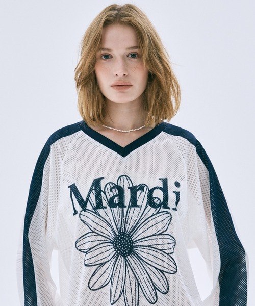 Mardi Mercredi(マルディメクルディ)の「MESH JERSEY TOP LONG SLEEVE FLOWERMARDI / メッシュ ジャージ トップス ロングスリーブ フラワーマルディ(ジャージ・レディース・ホワイト×ネイビー/アイボリー/ネイビー・FREE)」の16枚目の写真