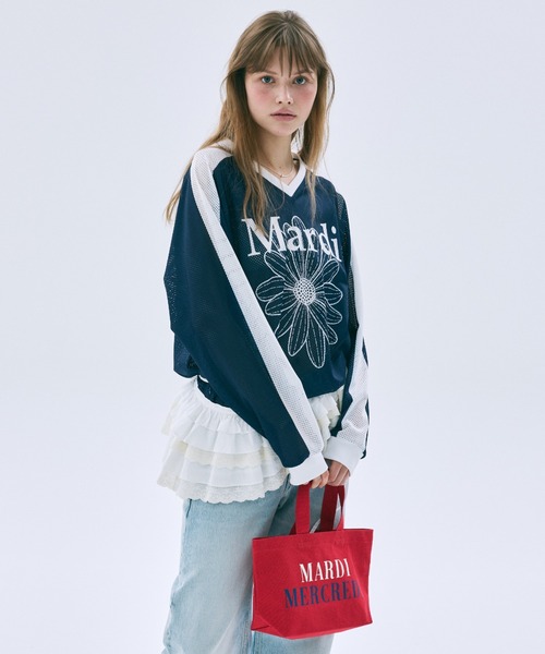 Mardi Mercredi(マルディメクルディ)の「MESH JERSEY TOP LONG SLEEVE FLOWERMARDI / メッシュ ジャージ トップス ロングスリーブ フラワーマルディ(ジャージ・レディース・ホワイト×ネイビー/アイボリー/ネイビー・FREE)」の15枚目の写真