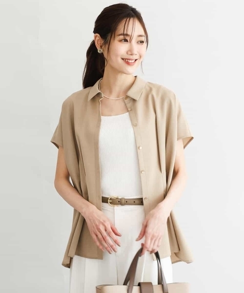 MK MICHEL KLEIN（エムケーミッシェルクラン）の「[洗える]リネンライクストレッチ ウエストタックデザイン衿付きブラウス（シャツ/ブラウス・レディース・ベージュ/ブラウン・38）」の4枚目の写真