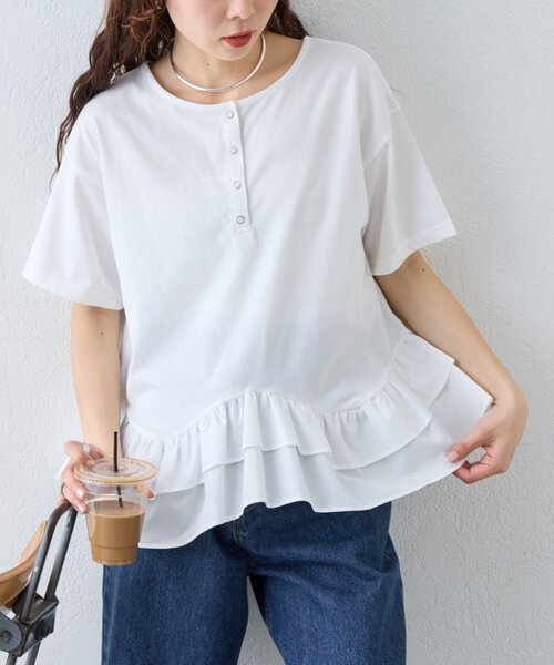 CIAOPANIC TYPY（チャオパニックティピー）の「【UVカット/接触冷感/前後2WAY】裾フリルヘンリーネックデザインTee（Tシャツ/カットソー・レディース・ホワイト/カーキ/ブラック・ONE SIZE）」の2枚目の写真