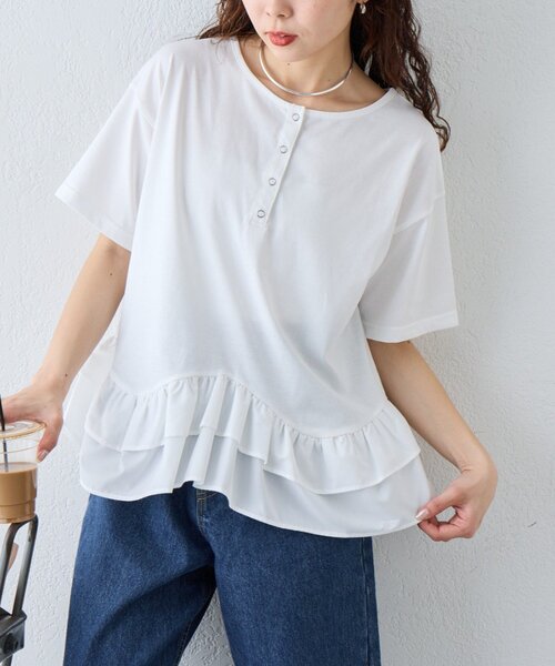 CIAOPANIC TYPY（チャオパニックティピー）の「【UVカット/接触冷感/前後2WAY】裾フリルヘンリーネックデザインTee（Tシャツ/カットソー・レディース・ホワイト/カーキ/ブラック・ONE SIZE）」の12枚目の写真