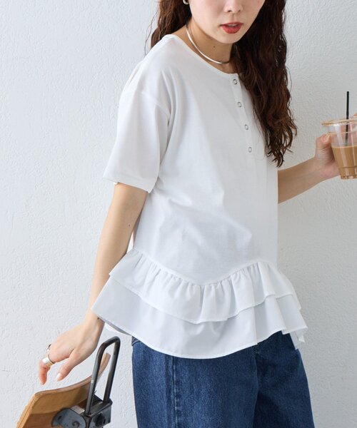 CIAOPANIC TYPY（チャオパニックティピー）の「【UVカット/接触冷感/前後2WAY】裾フリルヘンリーネックデザインTee（Tシャツ/カットソー・レディース・ホワイト/カーキ/ブラック・ONE SIZE）」の11枚目の写真